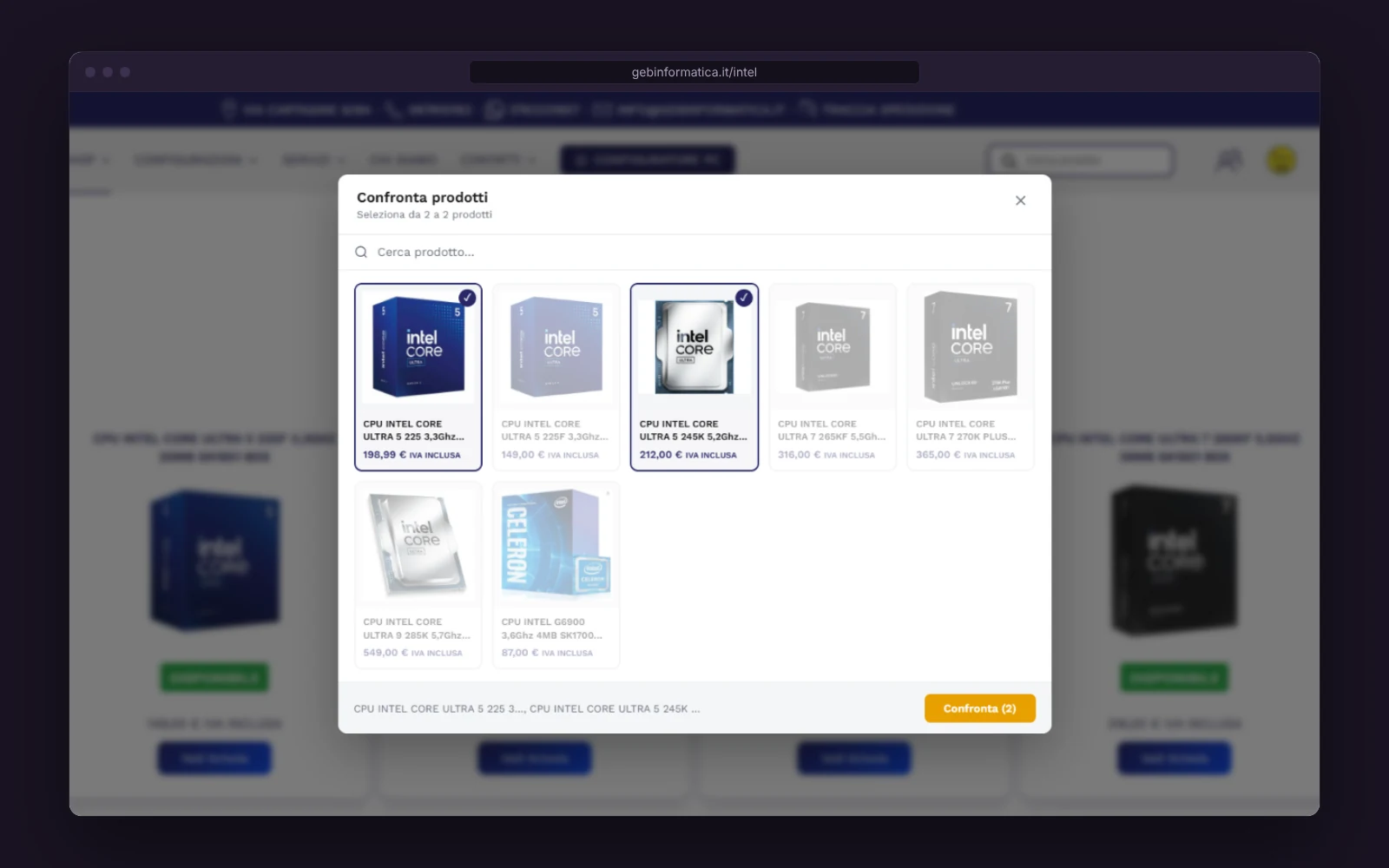 Product Compare su gebinformatica.it: finestra di scelta con due processori selezionati e il pulsante Confronta