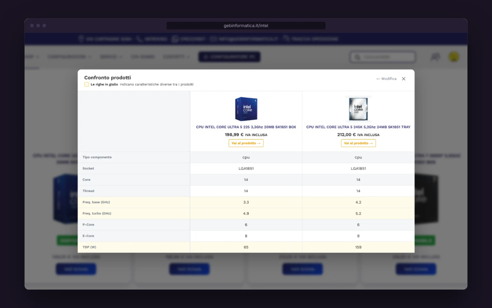 Product Compare su gebinformatica.it: tabella di confronto tra due processori con le differenze in giallo
