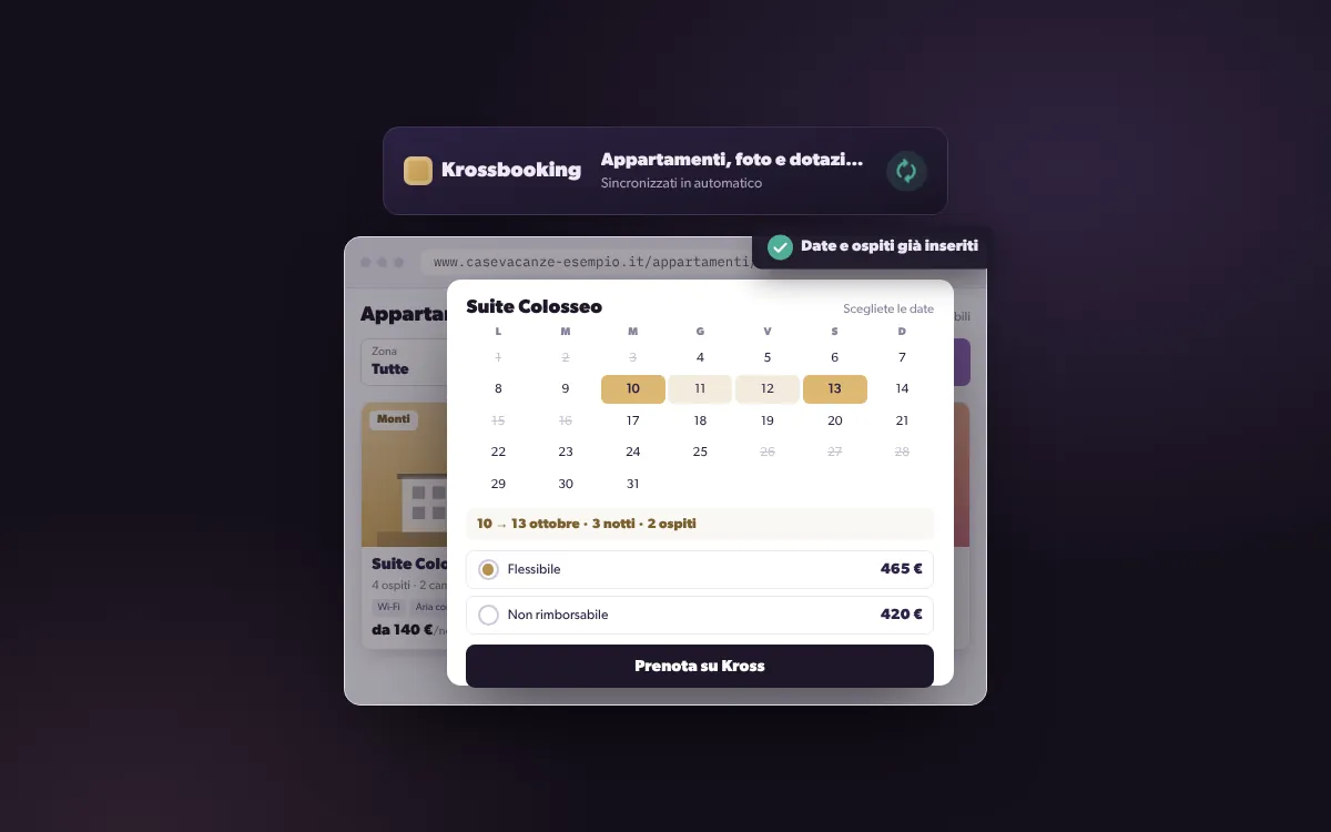 TD Kross Sync: gli appartamenti di Krossbooking sul sito con filtri e prezzi e il calendario della prenotazione con le date libere