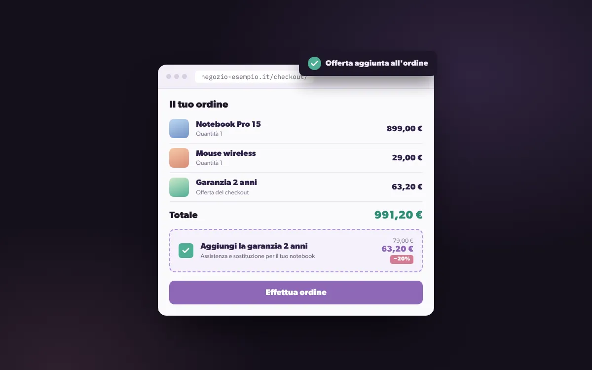 TD Upsell: il checkout di un negozio WooCommerce con l'offerta della garanzia aggiunta all'ordine e il totale aggiornato
