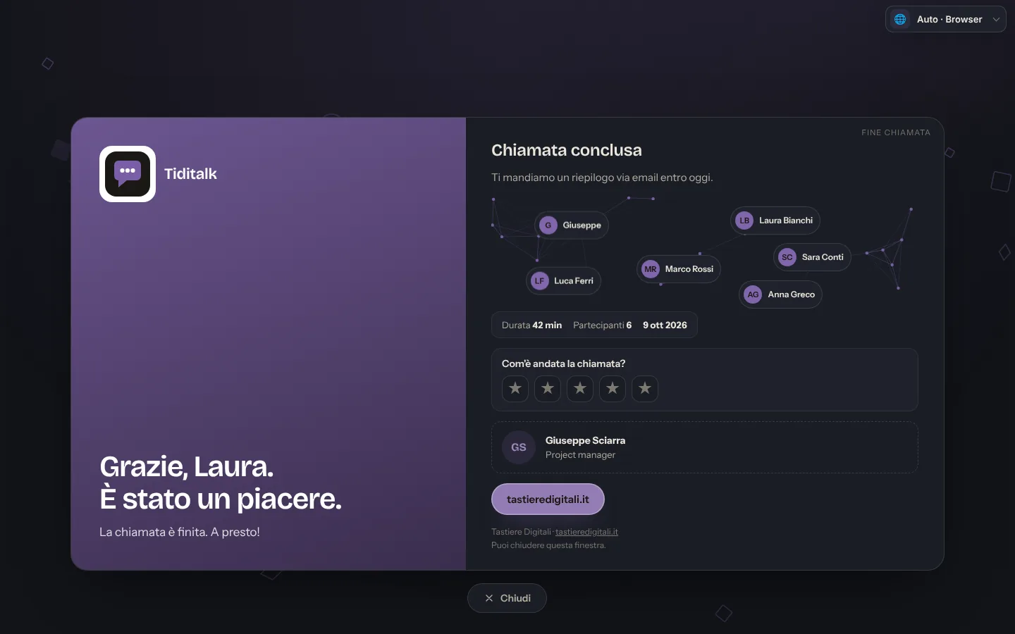 Pagina di fine chiamata di TiDiTalk con il marchio dell'azienda