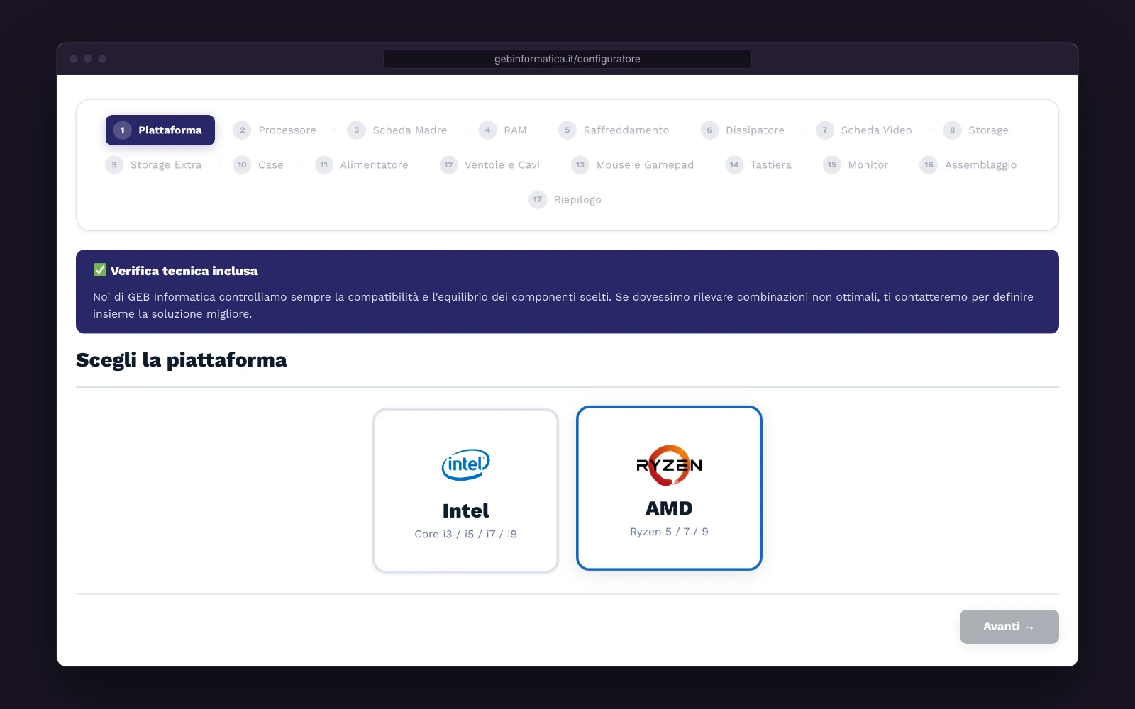 Configuratore PC: scelta della piattaforma e passaggi della configurazione guidata