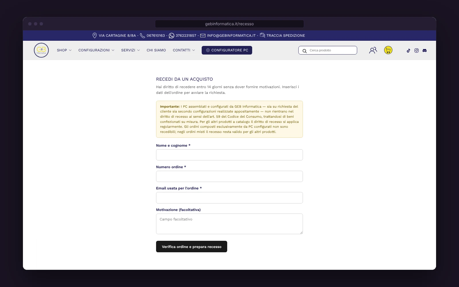 Modulo di recesso online di un e-commerce